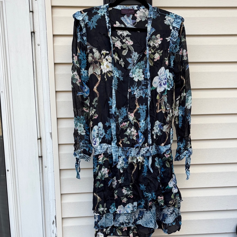 Hale Bob Ladies Black Blue Floral Dress-M